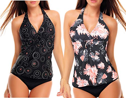 3tlg. Damen Neckholder Tankini Set zum Kombinieren! 2 Oberteile und 1 Slip f5680 Farbe: Schwarz mit Kreisen + Schwarz geblümt, Slip A(1074+1448)+S4(sw), Gr. 48 von Octopus