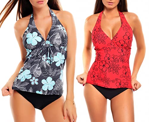 3tlg. Damen Tankini Set zum Kombinieren! 2 Neckholder Oberteile und 1 Slip f5671 Farbe: Grau geblümt + Rot geblümt, Slip A(1047+1134)+S4(sw), Gr. 40 von Octopus