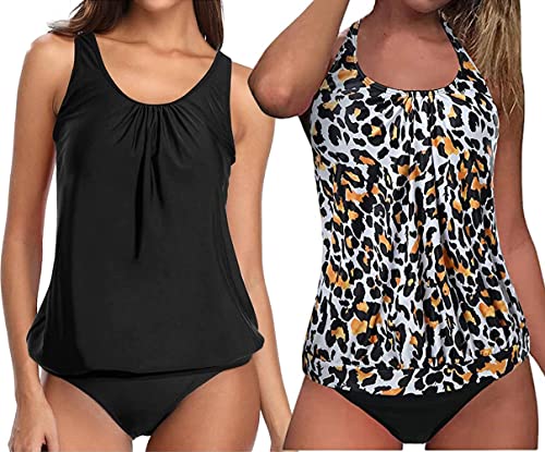 Octopus 3tlg. Damen Oversize Tankini Set zum Kombinieren! 2 Oberteile und 1 High Waist Slip (sw) f5554 Farbe: Oberteil Schwarz + Leo Print, High Waist Slip Schwarz G(SW+1460)-S9(sw), Gr. 54 von Octopus