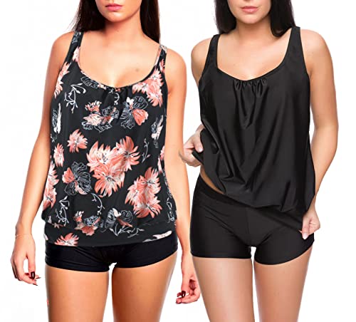 Octopus 3tlg. Damen Oversize Tankini Set zum Kombinieren! 2 Oberteile und 1 Hotpants (sw) f5558 Farbe: G(1448+SW)-HP1(sw) Tankini Oberteil Schwarz/Apricot + Schwarz, Hotpants (sw), Gr. 48 von Octopus