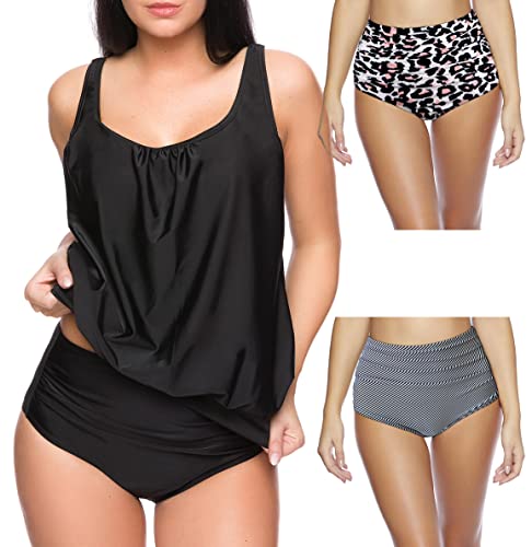 Octopus 3tlg. Damen Tankini Set. Oversize Tankini Oberteil mit Zwei Bikini Hosen zum selber Mixen f5703 Farbe: Schwarz + Slip Leo Print und Gestreift G(sw)+S9(1460+1469), Gr. 46 von Octopus