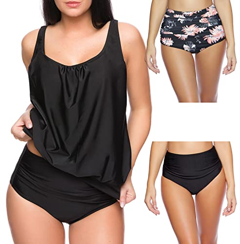 Octopus 3tlg. Damen Tankini Set. Oversize Tankini Oberteil mit Zwei Bikini Hosen zum selber Mixen f5703 Farbe: Schwarz + Slip Schwarz und Schwarz Apricot geblümt G(sw)+S9(sw+1448), Gr. 40 von Octopus