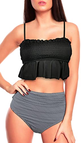 Octopus Damen Bikini mit Rüschen und Raffung 2tlg. Bademode Set mit High Waist Slip f5687 Farbe: Bikini Oberteil Schwarz, Slip gestreift B24(sw)-S26(1469), Gr. 50 von Octopus