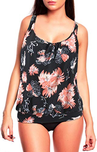 Octopus Oversize Damen Tankini Set Bauchweg mit Slip, Hotpants oder High Waist f5465 Farbe: Tankini Schwarz/Apricot, Slip G(1448)+S4(sw), Gr. 62 von Octopus