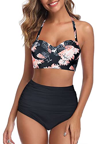 Octopus Trendiger Damen Bügel Bikini 2tlg. Bademode Set High Waist Slip f5517 Farbe: B22(1448)-S11(sw) Bikini Oberteil Geblümt (1448), Slip Schwarz, Gr. M von Octopus