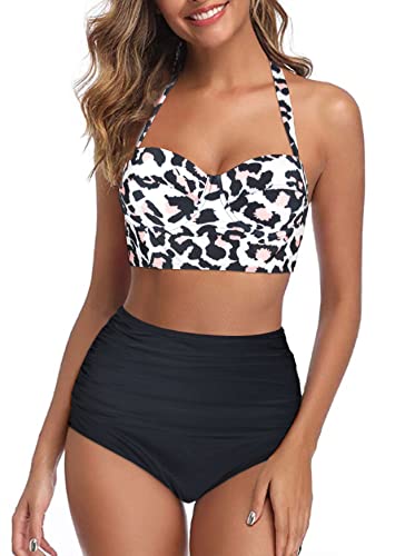 Octopus Trendiger Damen Bügel Bikini 2tlg. Bademode Set High Waist Slip f5517 Farbe: B22(1460)-S11(sw) Bikini Oberteil Leoprint (1460), Slip Schwarz, Gr. 5XL von Octopus