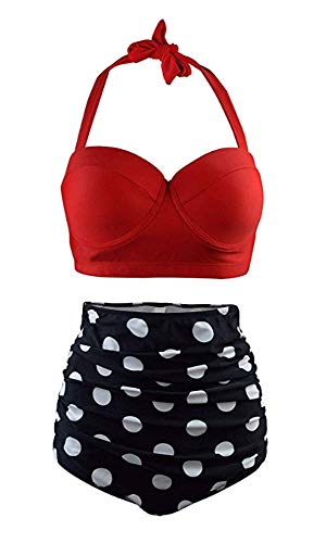 Octopus Trendiger Damen Bügel Bikini 2tlg. Bademode Set High Waist Slip f5517 Farbe: B22(ro)-S11(1397) Bikini Oberteil Rot, Slip gepunktet, Gr. XS von Octopus