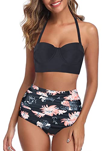 Octopus Trendiger Damen Bügel Bikini 2tlg. Bademode Set High Waist Slip f5517 Farbe: B22(sw)-S11(1448) Bikini Oberteil Schwarz, Slip geblümt (1448), Gr. 3XL von Octopus