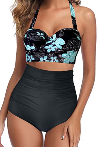 Octopus Trendiger Damen Bügel Bikini 2tlg. Bademode Set High Waist Slip f5674 Farbe: B22(1047)-S11(sw) Bikini Oberteil Grau geblümt (1047), Slip Schwarz, Gr. 34 von Octopus