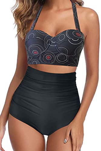 Octopus Trendiger Damen Bügel Bikini 2tlg. Bademode Set High Waist Slip f5674 Farbe: B22(1074)-S11(sw) Bikini Oberteil Schwarz mit Kreisen (1074), Slip Schwarz, Gr. 40 von Octopus