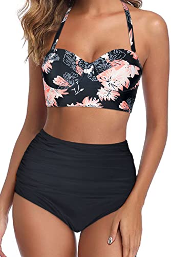 Octopus Trendiger Damen Bügel Bikini 2tlg. Bademode Set High Waist Slip f5674 Farbe: B22(1448)-S11(sw) Bikini Oberteil Geblümt (1448), Slip Schwarz, Gr. 44 von Octopus