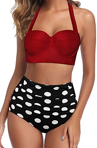 Octopus Trendiger Damen Bügel Bikini 2tlg. Bademode Set High Waist Slip f5674 Farbe: B22(ro)-S11(1397) Bikini Oberteil Rot, Slip gepunktet, Gr. 48 von Octopus