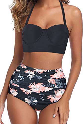 Octopus Trendiger Damen Bügel Bikini 2tlg. Bademode Set High Waist Slip f5674 Farbe: B22(sw)-S11(1448) Bikini Oberteil Schwarz, Slip geblümt (1448), Gr. 46 von Octopus