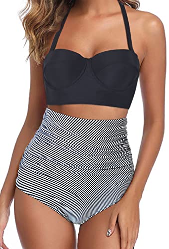 Octopus Trendiger Damen Bügel Bikini 2tlg. Bademode Set High Waist Slip f5674 Farbe: B22(sw)-S11(1469) Bikini Oberteil Schwarz, Slip Gestreift (1469), Gr. 42 von Octopus