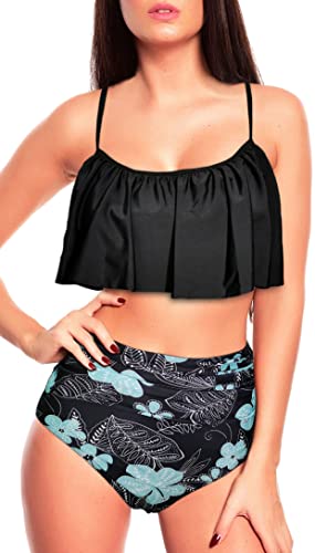 Octopus Trendiger Damen Rüschen Bikini 2tlg. Bademode Set mit High Waist Slip f5686 Farbe: Bikini Oberteil Schwarz, Slip Schwarz geblümt B23(sw)-S24(1047), Gr. 50 von Octopus