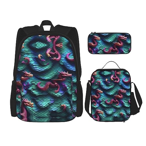 OdDdot Schultaschen-Sets Rucksäcke für Mädchen Schultaschen für Schüler Arbeit Mittagessen Tasche Federmäppchen Unisex 3D Magische Drachenschuppen Muster, 3D Magische Drachen Schuppen Muster, von OdDdot