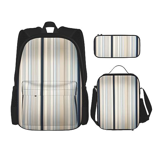 OdDdot Schultaschen-Sets Rucksäcke für Mädchen Schultaschen für Schüler Arbeit Mittagessen Tasche Federmäppchen Unisex Chinesische Landschaftsmalerei, Blau Beige Streifenmuster, Einheitsgröße von OdDdot