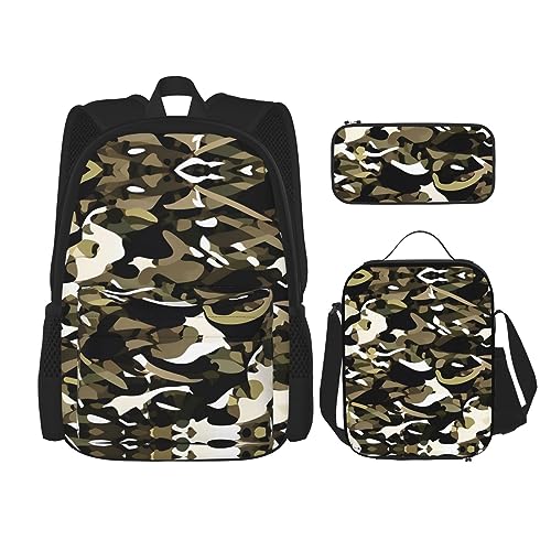 OdDdot Schultaschen-Sets Rucksäcke für Mädchen Schultaschen für Schüler Arbeit Mittagessen Tasche Federmäppchen Unisex Chinesische Landschaftsmalerei, Camouflage-Muster, Einheitsgröße von OdDdot