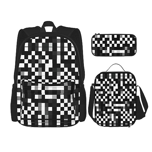 OdDdot Schultaschen-Sets Rucksäcke für Mädchen Schultaschen für Schüler Arbeit Mittagessen Tasche Federmäppchen Unisex Happy Mother Day, Schwarz-weißes Formel-kariertes Muster, Einheitsgröße von OdDdot