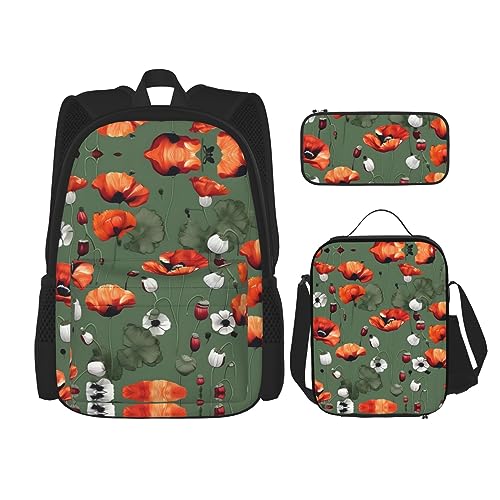 OdDdot Schultaschen-Sets Rucksäcke für Mädchen Schultaschen für Schüler Arbeit Mittagessen Tasche Federmäppchen Unisex Lila Blumen, Mohnblumen-Muster, Einheitsgröße von OdDdot