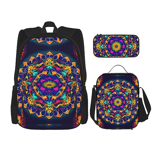 OdDdot Schultaschen-Sets Rucksäcke für Mädchen Schultaschen für Schüler Arbeit Mittagessen Tasche Federmäppchen Unisex Ozeanwellen, Mandala-Muster, Einheitsgröße von OdDdot