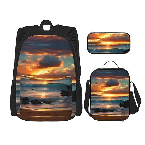 OdDdot Schultaschen-Sets Rucksäcke für Mädchen Schultaschen für Schüler Arbeit Mittagessen Tasche Federmäppchen Unisex Schwarz und Weiß Pferde Laufen, Strand Maui Hawaii Sonnenuntergang Meer Wellen von OdDdot