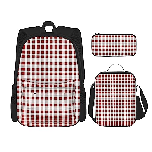 OdDdot Schultaschen-Sets Rucksäcke für Mädchen Schultaschen für Schüler Arbeit Mittagessen Tasche Federmäppchen Unisex Weiß Marmor Roségold Muster, Rot Weiß Kariert, Einheitsgröße von OdDdot