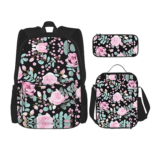 OdDdot Schultaschen-Sets Rucksäcke für Mädchen Schultaschen für Studenten Arbeit Mittagessen Tasche Federmäppchen Unisex Hund Pfotenabdrücke, Süßer rosa Rosenmix Leopard, Einheitsgröße von OdDdot