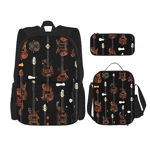 OdDdot Schultaschen-Sets Rucksäcke für Mädchen Schultaschen für Studenten Arbeit Mittagessen Tasche Federmäppchen Unisex Schwarz & Weiß Big Dot, Kunstdruck mit Gitarren-Muster, Einheitsgröße von OdDdot