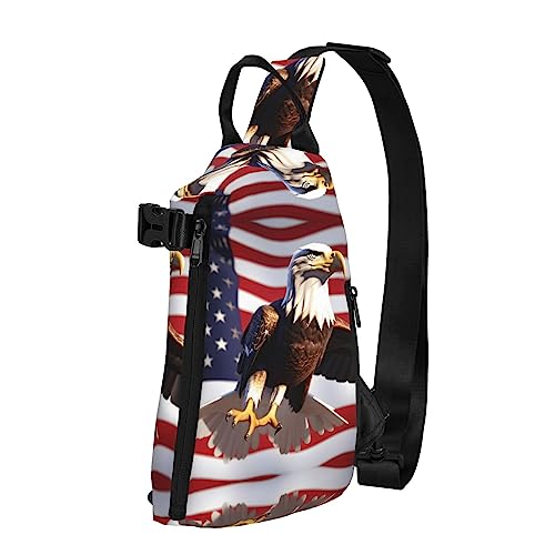 Wasserdichte Polyester-Gürteltasche, langlebig und leicht, Crossbody-Schultertasche für Damen, ideal für Reisen, blau-beige, quadratisches Muster, Weißkopfseeadler mit amerikanischer Flagge, von OdDdot