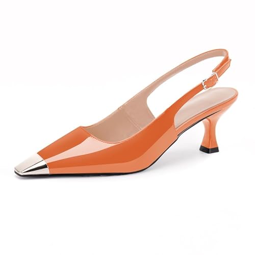 Damen Elegante Slingback Kitten Heels Pumps Geschlossenen Zehen Knöchelriemen Backless Stiletto Kleid Schuhe für Abend Hochzeit Büro (orange, 37) von Odetina