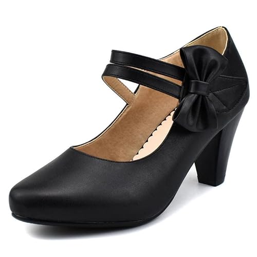 Odetina Damen Klassische Bogen Blockabsatz Mary Jane Schuhe Süß Schleife und Riemchen Klettverschluss 1950s Knöchelriemchen Pumps （Black,36 von Odetina