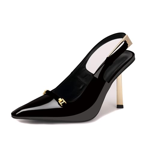 Odetina Damen Slingback Kitten Heels Pumps Pointed Toe Knöchelriemen Backless Stiletto Kleid Schuhe für Abend Hochzeit Büro (schwarz, 35) von Odetina