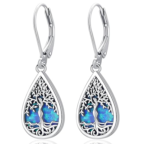 Baum des Lebens Ohrringe für Frauen Mädchen, Sterling Silber Teardrop Blue Opal Ohrringe Hypoallergene Dangle Drop Ohrringe Schmuck Geschenke für Frauen von Odinstone