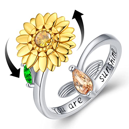 Damen Ringe 925 Sterling Silber Anxiety Ring Anti Stress Verstellbarer Ring, Sonnenblume Drehbarer Ringe Schmuck mit Geschenkbox von Odinstone