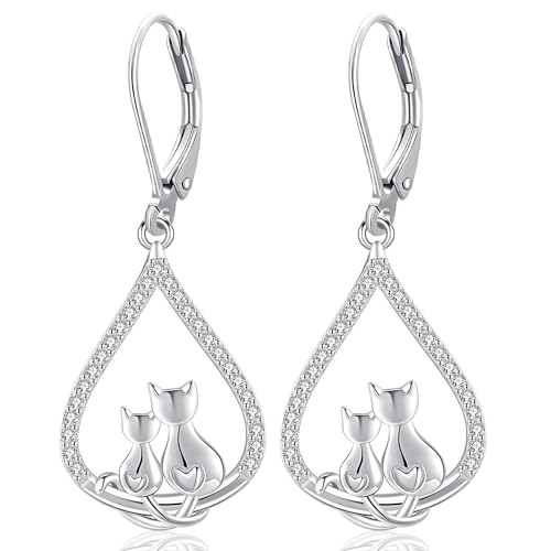 Katze Ohrringe, Frauen Ohrringe 925 Sterling Silber Leverback Drop Herz Katze Ohrringe Dangle Katzen Schmuck Weihnachten Geburtstag Geschenke für Frauen Mädchen von Odinstone