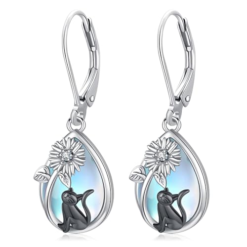 Katzen Ohrringe 925 Sterling Silber Mondstein Katze Ohrringtropfen Schwarz Katze Ohrringe Schmuck Geschenke für Frauen Mädchen von Odinstone