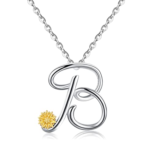 Odinstone Buchstaben Kette, Damen Namen Sterling Silber Anhänger Alphabet Initialen Halskette für Frauen Mit Sonnenblume Geschenke für Frauen Damen Mädchen (B) von Odinstone