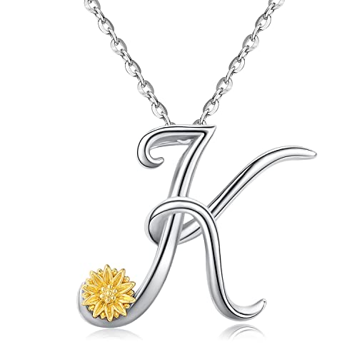 Odinstone Buchstaben Kette, Damen Namen Sterling Silber Anhänger Alphabet Initialen Halskette für Frauen Mit Sonnenblume Geschenke für Frauen Damen Mädchen (K) von Odinstone