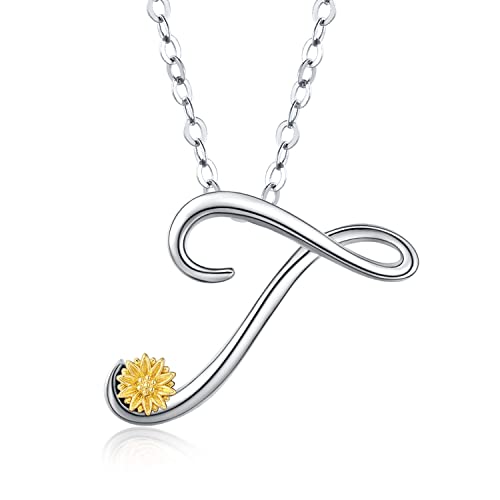 Odinstone Buchstaben Kette, Damen Namen Sterling Silber Anhänger Alphabet Initialen Halskette für Frauen Mit Sonnenblume Geschenke für Frauen Damen Mädchen (T) von Odinstone