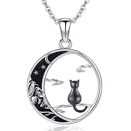 Odinstone Katze auf dem Mond Halskette, Anhänger Katze silber 925 Katze Halskette Damen Katze Kette schmuck katze Anti-Allergie, Geschenk für Frauen Mädchen von Odinstone