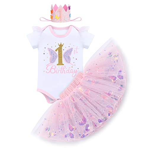 1 Geburtstag Mädchen Outfit Kurzarm Strampler Body+Glitzer Pailletten Schmetterling Tütü Prinzessin Tüllrock+Geburtstagskrone 3tlg Babykleidung Erster Geburtstagsdeko Baby Fotoshooting Rosa 1 Jahr von Odizli