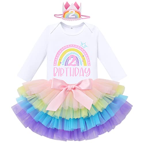 2 Geburtstag Mädchen Outfit Body+Bunt Tütü Prinzessin Tüllrock+Geburtstagskrone 3tlg Bekleidungssets Geburtstag Deko Party Babykleidung Baby Fotoshooting 2Regenbogen+Geburtstagshut Langarm 2 Jahre von Odizli