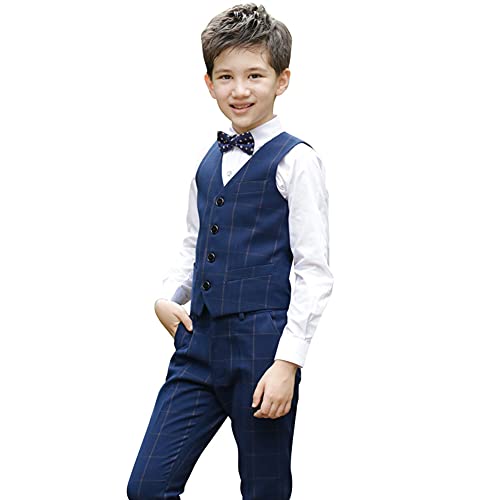 Anzug Kinder Jungen Einschulung Kleidung Set Gentleman Smoking Weste Sakkos + Hemd + Hose + Fliege 4tlg Outfit Hochzeit Festliche Anzüge Geburtstagsparty Taufkleidung Blau Plaid 15-16 Jahre von Odizli