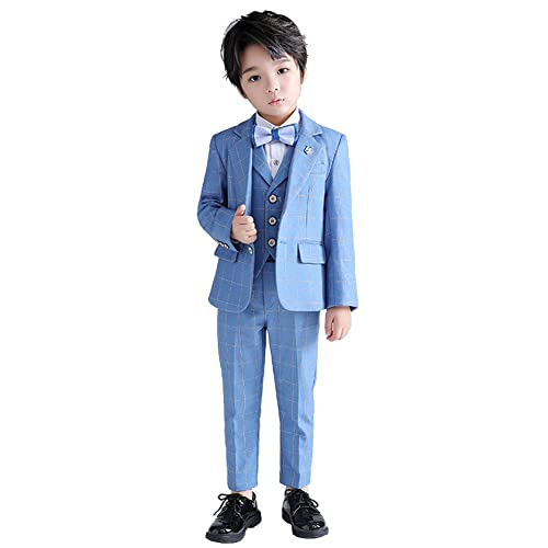 Anzug Kinder Jungen Festlich Hochzeit Einschulung Kleidung Set Gentleman Langarm Hemd + Weste + Blazer Sakkos + Hose + Fliege 5tlg Outfit Geburtstag Taufkleidung Kinderanzüge Blau Plaid 5-6 Jahre von Odizli