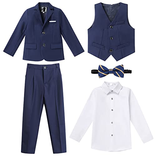 Anzug Kinder Jungen Festlich Hochzeit Einschulung Kleidung Set Gentleman Langarm Hemd + Weste + Blazer Sakkos + Hose + Fliege 5tlg Outfit Geburtstag Taufkleidung Kinderanzüge Navy Blau#1 6-7 Jahre von Odizli