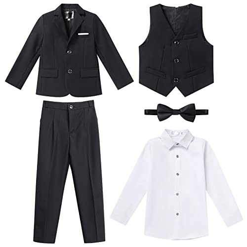 Anzug Kinder Jungen Festlich Hochzeit Einschulung Kleidung Set Gentleman Langarm Hemd + Weste + Blazer Sakkos + Hose + Fliege 5tlg Outfit Geburtstag Taufkleidung Kinderanzüge Schwarz#2 13-14 Jahre von Odizli