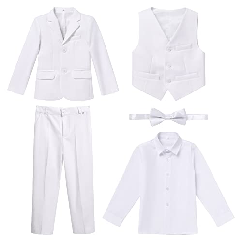 Anzug Kinder Jungen Festlich Hochzeit Einschulung Kleidung Set Gentleman Langarm Hemd + Weste + Blazer Sakkos + Hose + Fliege 5tlg Outfit Geburtstag Taufkleidung Kinderanzüge Weiß 13-14 Jahre von Odizli