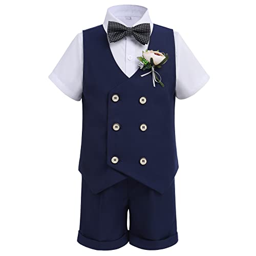 Anzug Kinder Jungen Festlich Hochzeit Kleidung Set Hemd + Weste Sakkos + Fliege + Shorts Hose + Brosche 5tlg Outfit Geburtstag Taufanzug Taufbekleidung Kinderanzüge Marineblau Kurz 3-4 Jahre von Odizli