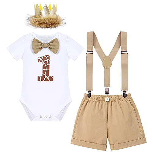 Baby Junge 1. Geburtstag Outfit Safari Urwald Wild One Baumwolle Body Strampler+Hosenträger+Shorts+Krone Stirnband 4tlg Bekleidungssets Erster Geburtstagsparty Taufe Fotoshooting Khaki-Giraffe 1 Jahr von Odizli